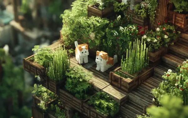 Minecraft AI art 2K Quad HD PC desktop wallpaper: two blocky cats on a lush, overgrown wooden terrace with potted plants and vibrant greenery.