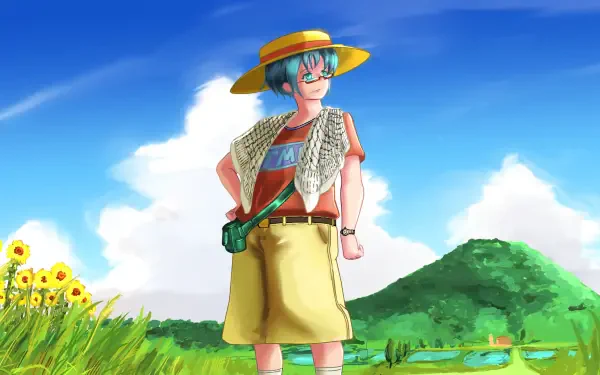 HD PC desktop wallpaper/background: anime-style traveler in a straw hat stands among sunflowers in a bright rural scene with rolling green hills and a pond under a blue sky.