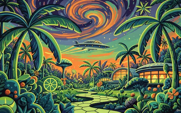 Vibrant sci‑fi tropical scene with lush greenery, palm trees, glowing domes and a hovering UFO under a swirling starry sky — 4K Ultra HD PC desktop wallpaper/background.