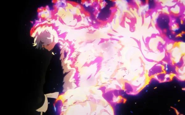 4K Ultra HD PC wallpaper: Gabimaru from Hell's Paradise in profile, a blazing purple-orange flame forming a monstrous silhouette behind him.