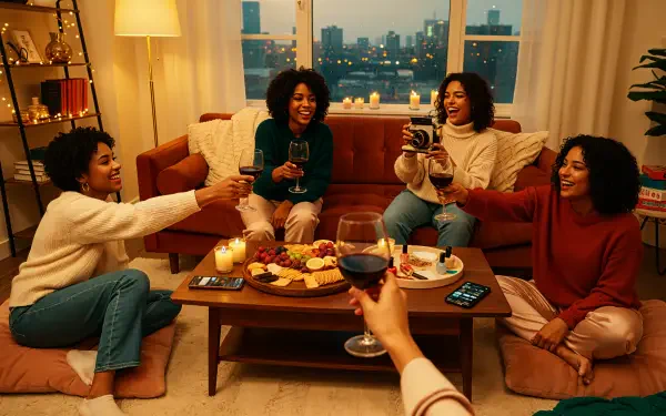 4K Ultra HD PC desktop wallpaper of a girls' night: four friends laughing on a sofa, toasting wine over a coffee table with snacks, warm lamp light and a city skyline through the window.