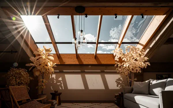 4K Ultra HD PC desktop wallpaper and background: sunlit room with a large skylight, sunbeams, hanging bulbs, potted plants and a sofa casting warm shadows.