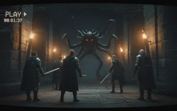 4K Ultra HD PC desktop wallpaper: four armored warriors confront a towering tentacled demon with glowing red eyes in a torchlit stone hall.