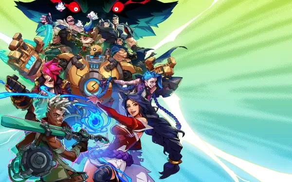 2K Quad HD PC wallpaper for 2XKO video game featuring Ahri and Ekko (League of Legends) amid a colorful, action-packed champion lineup with dynamic light streaks in the background.