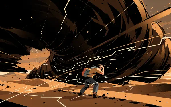 4K Ultra HD PC desktop wallpaper: stylized figure braces against a towering swirling sand vortex, lightning-like cracks and flying debris across a dramatic desert landscape.