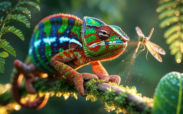 Vivid 4K Ultra HD PC desktop wallpaper: a brightly colored chameleon perched on a mossy branch reaching toward a glowing dragonfly in sunlit rainforest.