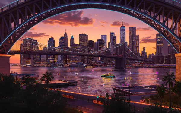 Manhattan skyline at sunset framed by an arched bridge, glowing reflections on the East River and a lit boat — 4K Ultra HD PC desktop wallpaper and background.