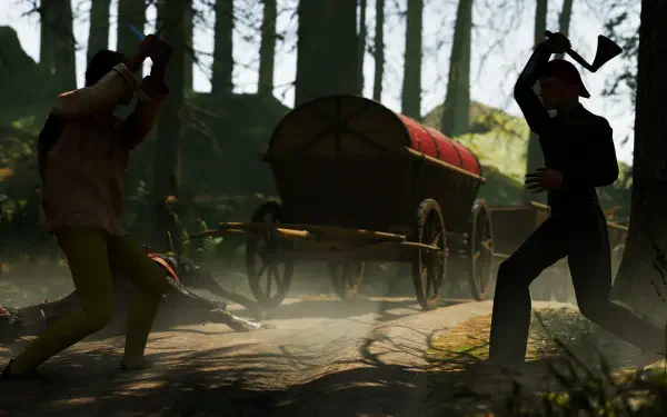 HD PC desktop wallpaper and background showing a video game scene: two medieval fighters practicing Half Sword by a wagon in a misty forest.