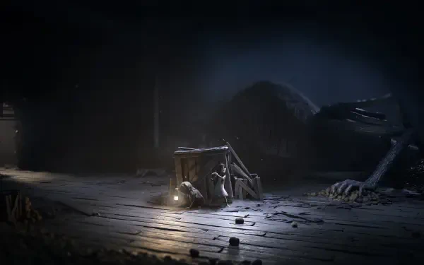 Reanimal HD PC desktop wallpaper showing a dim wooden floor, a small lantern-lit cart and a looming shadowy, root-like creature in the background.