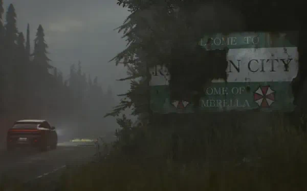 HD PC desktop wallpaper: Survival Horror third-person shooter scene from Resident Evil Requiem — foggy road at dusk, taillights passing a weathered town sign bearing the Umbrella logo.