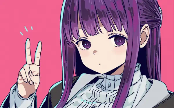 Close-up anime portrait of Fern (Frieren: Beyond Journey's End) with long purple hair flashing a peace sign on a pink background — 2K Quad HD PC desktop wallpaper.