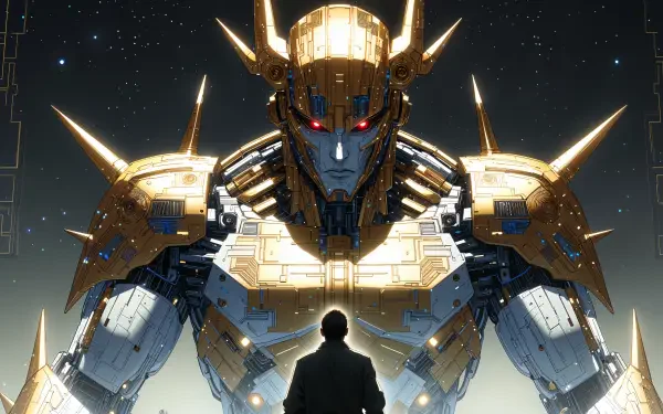 Sci-Fi 4K Ultra HD PC desktop wallpaper: a lone figure faces a towering golden robot with glowing red eyes and ornate armor against a starfield, dramatic backlighting.