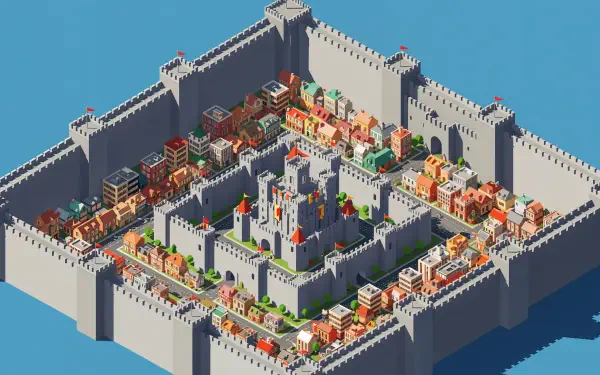 Isometric medieval walled city with central castle and colorful houses — 4K Ultra HD PC desktop wallpaper and background.