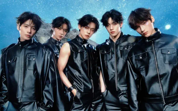 K-pop Korean boy band in matching black leather outfits, five members posed against a starry blue background — 4K Ultra HD PC desktop wallpaper and background.