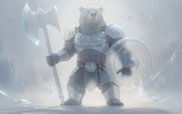 Armored polar bear warrior with axe and shield standing in a misty battlefield — 4K Ultra HD PC Desktop Wallpaper and Background.