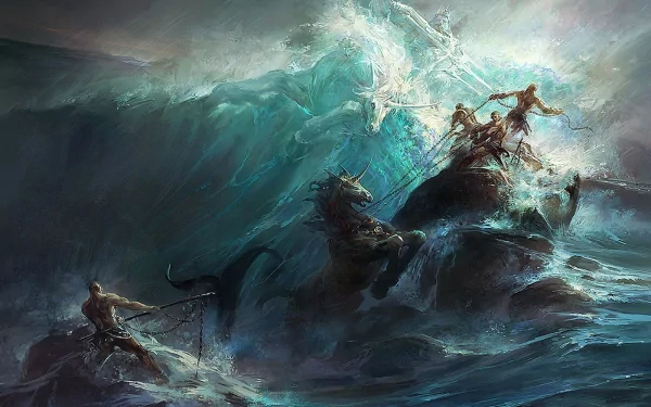 A dramatic fantasy scene depicting a battle among gods, with powerful waves crashing around warriors and mythical sea creatures, creating a captivating HD wallpaper and background.