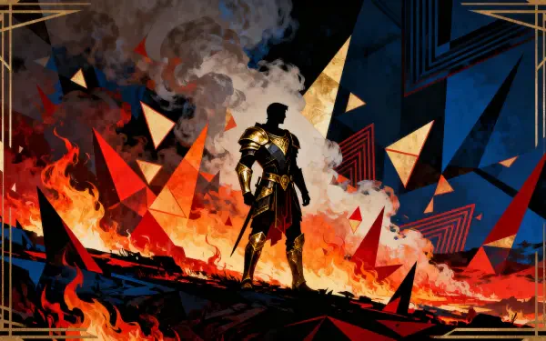 4K Ultra HD PC desktop wallpaper and background — lone armored warrior silhouetted against roaring flames, angular red-blue shards, smoky sky and gold frame accents.