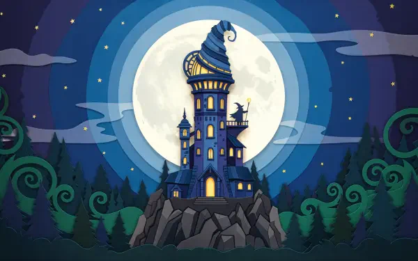 4K Ultra HD PC Desktop Wallpaper and Background: whimsical moonlit wizard tower on a rocky hill, glowing windows, pine forest silhouettes under a starry, star-filled sky.
