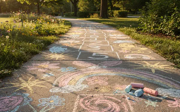 4K Ultra HD PC desktop wallpaper of a sunlit park sidewalk covered in colorful chalk drawings — rainbow, hopscotch numbers and a few chalk sticks in the foreground.