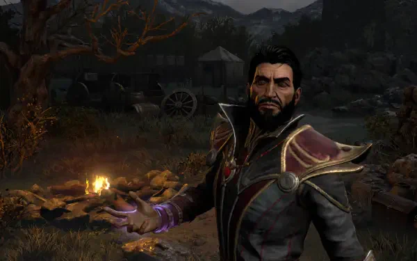 4K Ultra HD PC wallpaper: Diablo II: Resurrected warlock conjures purple magic by a campfire amid ruined wagons in a dark hack-and-slash ARPG scene.