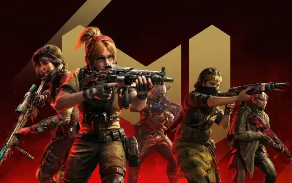Call of Duty: Mobile mobile game 2K Quad HD PC desktop wallpaper showing five armed operators in combat stances aiming rifles against a bold red-and-gold stylized background.