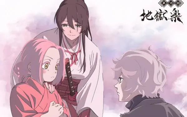 4K Ultra HD PC wallpaper of Hell's Paradise anime: Gabimaru, Sagiri in white, and Mei in red posed against soft pastel clouds.