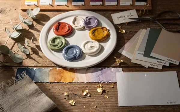 4K Ultra HD PC desktop wallpaper background: rustic wooden table with a color palette of pastel paint swirls on a plate, paint swatches, fabric, eucalyptus sprig and scattered gold leaf.