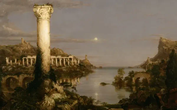 HD PC desktop wallpaper: classical 19th-century landscape painting of coastal ruins with a solitary broken pillar, arched colonnade and calm sea under a muted sky.