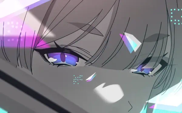 HD PC desktop wallpaper: close-up anime portrait of Cosmic Princess Kaguya! — luminous purple-blue eyes, floating cosmic shards and soft shadowed features.