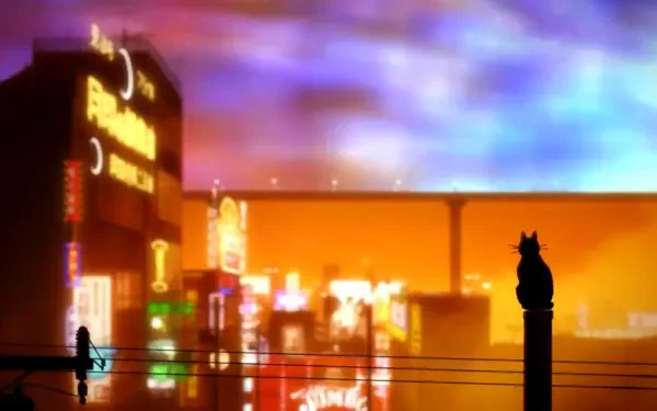 HD PC desktop wallpaper and background: Akudama Drive-style cyberpunk anime city — neon skyline, elevated tracks and wet reflections, silhouetted cat on a pole and lone figure below.