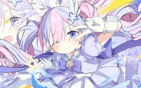 Blue Archive's Uzawa Reisa winking in a pastel pink-and-purple magical‑girl outfit with stars, ribbons and frills — bright 4K Ultra HD PC desktop wallpaper.