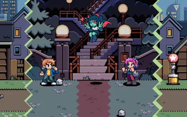Pixel-art scene from the video game Scott Pilgrim EX: three characters clash on a lamplit stairway in a nighttime city — HD PC desktop wallpaper and background.