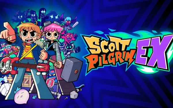 Colorful Scott Pilgrim EX video game HD PC desktop wallpaper featuring Scott Pilgrim and Ramona Flowers with bandmates, neon logo and stylized blue background.