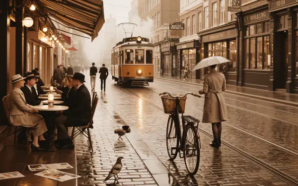 Sepia 4K Ultra HD PC desktop wallpaper and background: rainy cobblestone street with tram, sidewalk café diners, bicycle, umbrella and pigeons.
