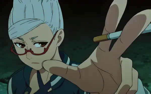 Seiko Ayase from Dandadan in an anime 4K PC wallpaper, pale-blue hair and red glasses, reaching toward the viewer while holding a cigarette against a dark background.