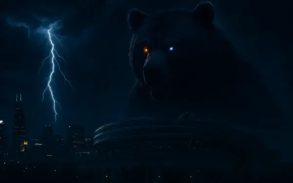 4K Ultra HD PC wallpaper: a giant bear with orange and blue glowing eyes looming over a Chicago Bears NFL stadium at night, lightning illuminating the dark city skyline.