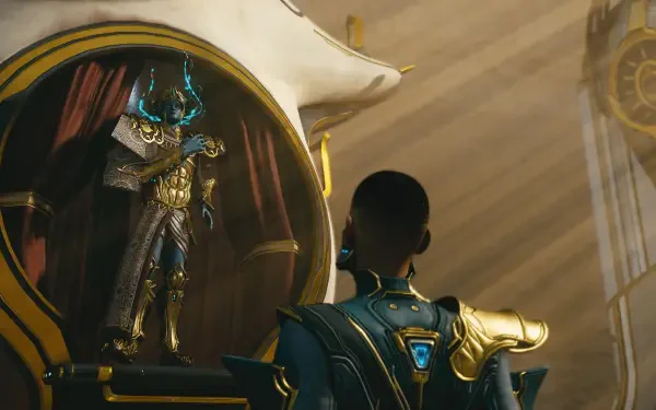 Video game Warframe 2K Quad HD desktop wallpaper depicting a god-like armored Warframe facing an ornate shrine, bathed in dramatic golden light.