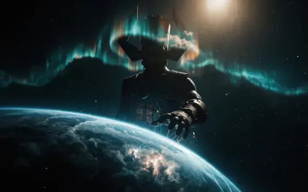 5K Ultra HD PC desktop wallpaper of Galactus, a towering supervillain looming over Earth beneath a glowing aurora borealis.