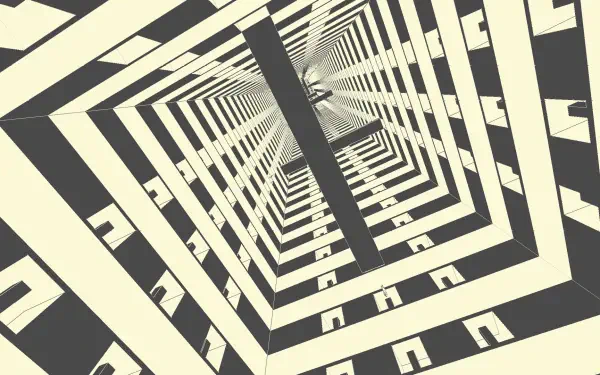 Gruvbox-toned drawing of a Brutalist atrium seen upward through repeating rectangular decks, high-contrast beige and dark brown — HD PC desktop wallpaper.