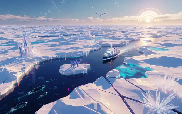 4K Ultra HD PC desktop wallpaper background of vast sea ice: floating ice floes and crystalline spikes, a ship cutting dark water beneath a glowing pastel horizon.