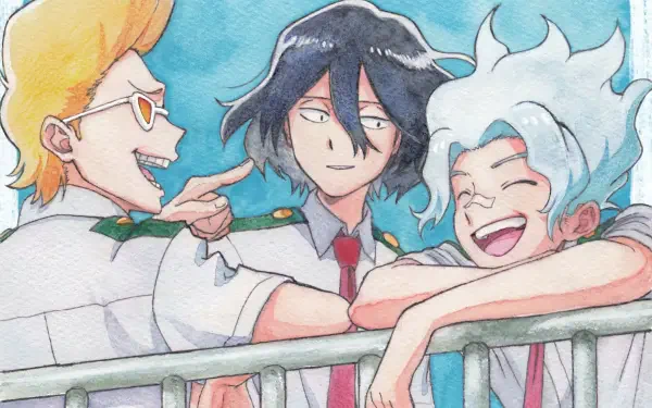 Watercolor-style anime 2K Quad HD desktop wallpaper from My Hero Academia: Vigilantes, showing Hizashi Yamada, Shouta Aizawa and Oboro Shirakumo leaning on a railing, laughing together.
