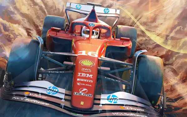 HD PC desktop wallpaper: red Ferrari SF-25 F1 race car of Scuderia Ferrari, front close-up with sponsor logos and a dynamic, blurred track background.