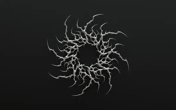 Dark gothic cybersigilism spiral of jagged white tendrils on a black gradient — HD PC desktop wallpaper and background.