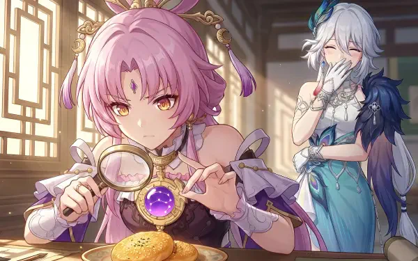 HD PC wallpaper of Genshin Impact anime girls Fu Xuan and Yao Guang: pink-haired Fu Xuan inspects mooncakes with a magnifying glass while blue-clad Yao Guang smiles behind her.