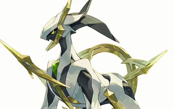 White anime-style depiction of Arceus, the legendary Pokémon, with gold ring accents — 2K Quad HD PC desktop wallpaper and background.
