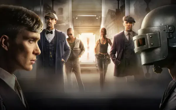 PUGB 4K Ultra HD PC desktop wallpaper/background: tense standoff in a dim industrial corridor — suited fighters converge while a helmeted soldier faces them through smoke and dramatic backlight.