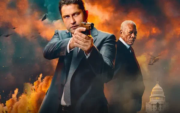 Angel Has Fallen 4K Ultra HD PC desktop wallpaper: intense cinematic scene of a suited man aiming a handgun with an older man behind him, explosions and the Capitol building in the background.