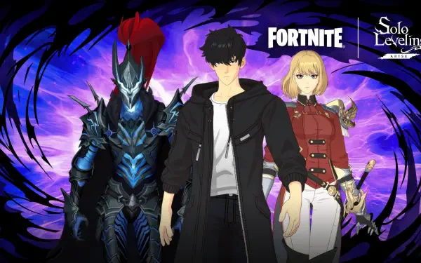Fortnite Battle Royale 5K Ultra HD PC desktop wallpaper and background: dark-armored knight with red plume, black-clad male protagonist and blonde female soldier before swirling purple energy.