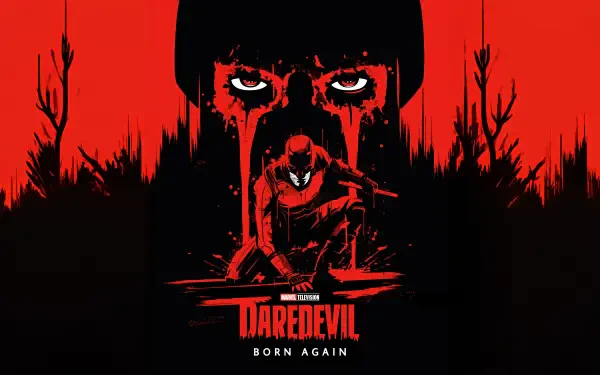 Daredevil: Born Again 5K Ultra HD PC desktop wallpaper — stark red and black portrait with bleeding eyes, shadowed Daredevil silhouette and title.