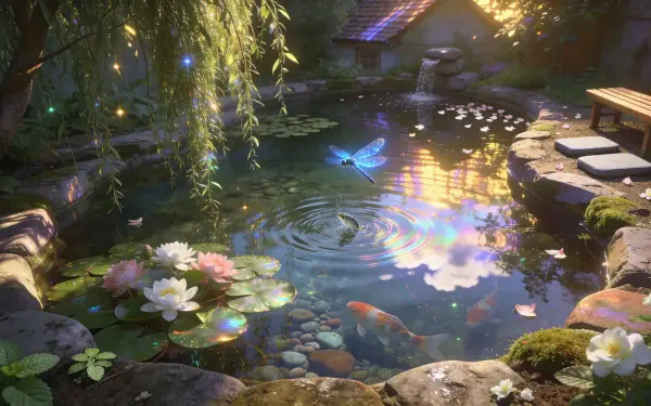 4K Ultra HD PC Desktop Wallpaper and Background: serene garden pond with koi, water lilies, stone steps, willow branches and a glowing blue butterfly over rippling reflections.